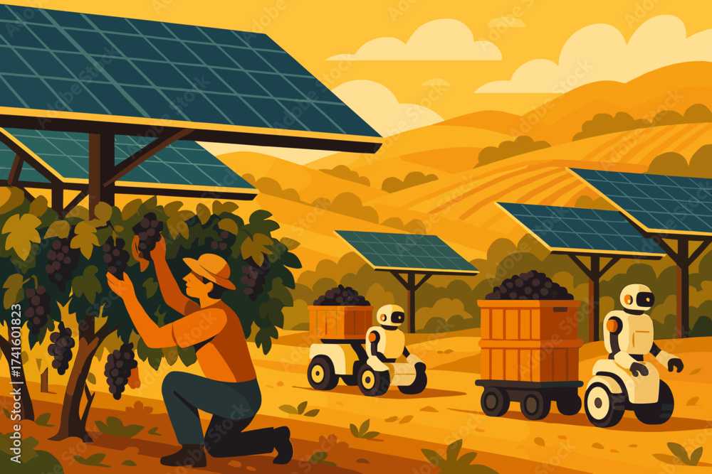 Obraz premium Farm worker harvesting grapes with robots in a vineyard under solar panels during sunset