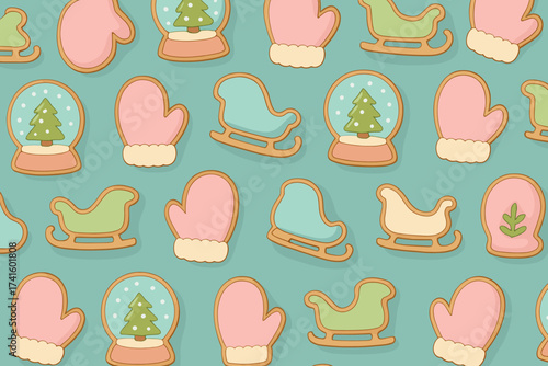 Colorful winter cookies featuring snow globes, mittens, and sleighs on a teal background