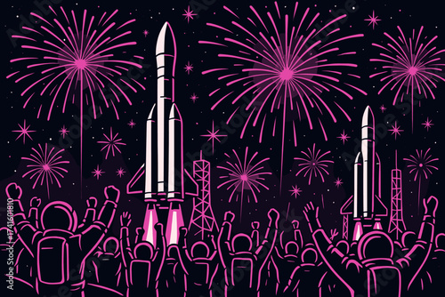 Celebration of rocket launches with fireworks and cheering crowd during a nighttime event