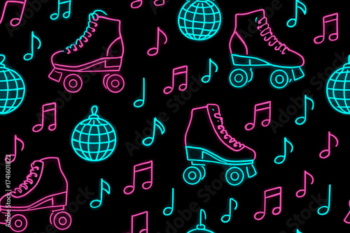 Colorful retro roller skating pattern with disco balls and music notes on a dark background