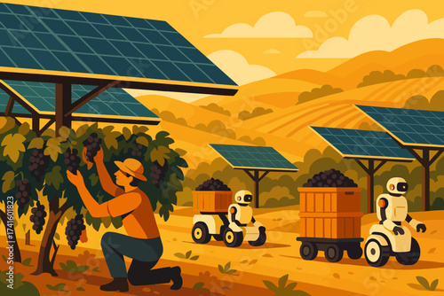Farm worker harvesting grapes with robots in a vineyard under solar panels during sunset