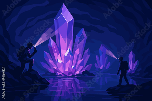 Exploration of vibrant crystal cave with adventurers using flashlights in dark underground setting