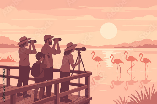 Birdwatchers observe flamingos at sunset by the lake in a tranquil natural setting with family and friends