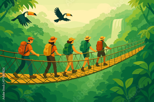Group of hikers crossing a suspension bridge in a lush jungle with toucans and a waterfall in the background