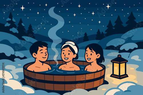 Friends enjoying a relaxing evening in a wooden hot tub under a starry sky in winter