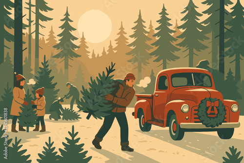Families enjoy selecting and cutting Christmas trees in a forest during the winter afternoon