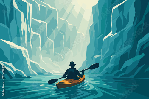 Kayaker explores narrow canyon surrounded by towering cliffs on a bright day