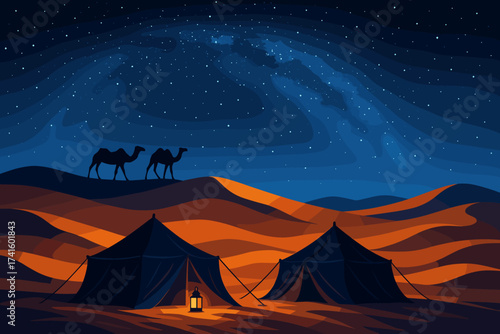Experience the magic of a starry night in the desert with camels and tents under the Milky Way