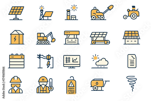 Solar energy icons showcasing renewable technology and equipment for effective resource management