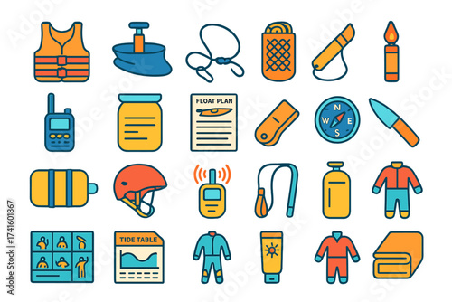 Safety and preparation icons for boating and outdoor adventures featuring gear, tools, and important documents
