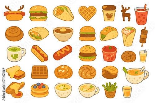 Food icons showcasing various delicious dishes and snacks in a fun and colorful layout