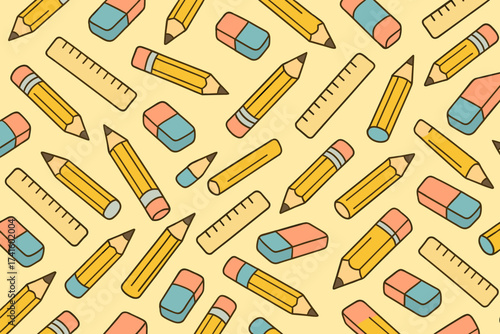 Pattern of colorful school supplies including pencils, erasers, and rulers on a yellow background for a cheerful study vibe
