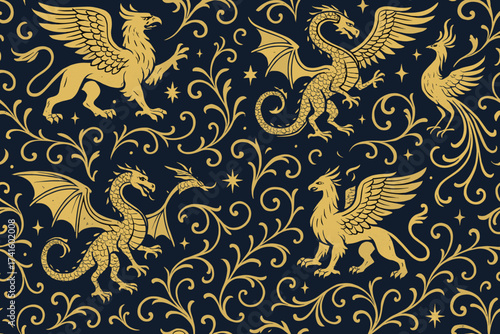 Intricate design featuring mythical creatures with floral patterns on a dark background for decoration