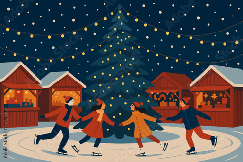 Ice skating fun at a festive market during winter nights with holiday decorations