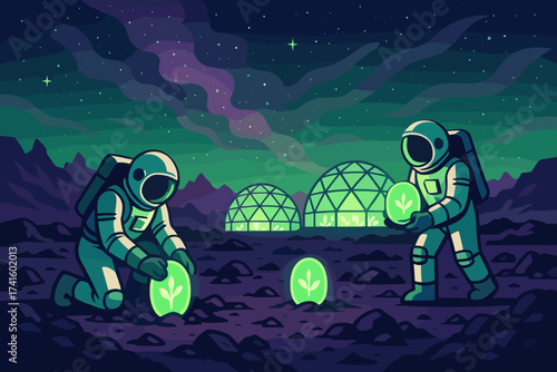 Scientists cultivate plants on a distant planet under a vibrant night sky filled with stars