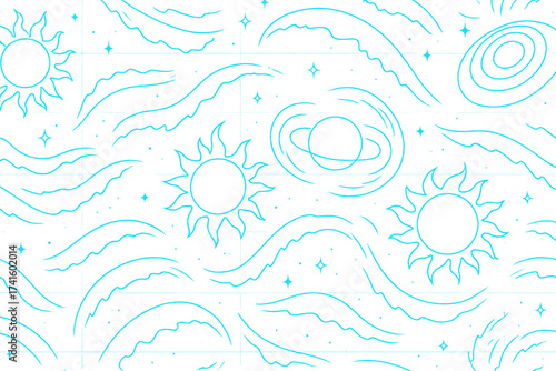 Colorful patterns of celestial bodies and waves on a white background showcasing a cosmic design