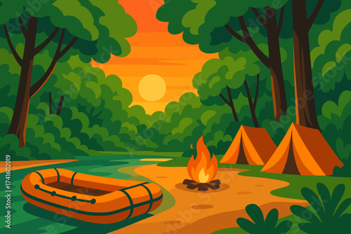 Campsite by the river at sunset with tents, a campfire, and a raft ready for adventure in a lush forest