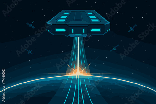 UFO descending towards Earth as dawn breaks over the horizon with satellites in orbit