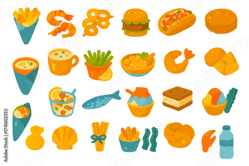 Delicious variety of colorful foods arranged in playful styles showcasing snacks, meals, and desserts