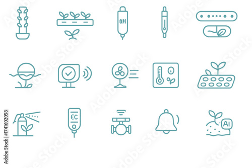 Plant monitoring system with various icons for agricultural tech and automation in smart farming