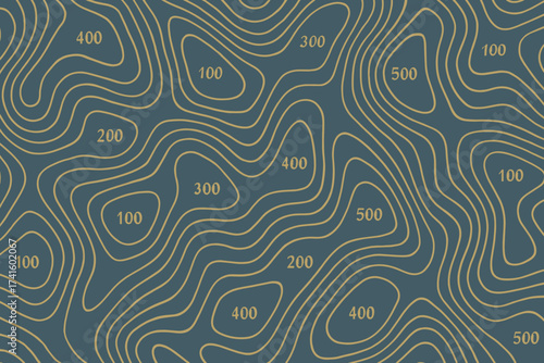 Contour lines in gradual curves and numbers on a deep blue background conveying topography and elevation details