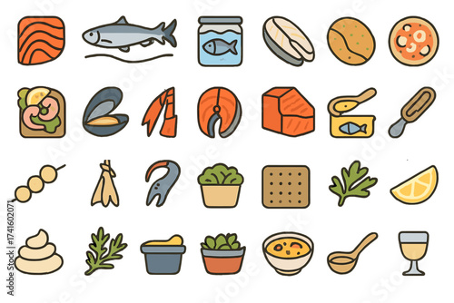 Colorful illustrations of various seafood and culinary ingredients in a lively arrangement