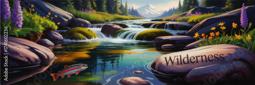 Stunning Wilderness River Landscape Illustration with Waterfall, Rainbow Trout, Wildflowers, Forest Trees, and Mountain View