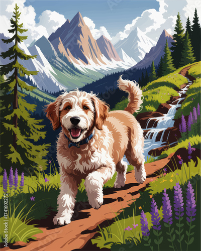 Happy Dog Hiking on Mountain Trail with Wildflowers, Waterfall, and Scenic Peaks – Colorful Nature Adventure Illustration