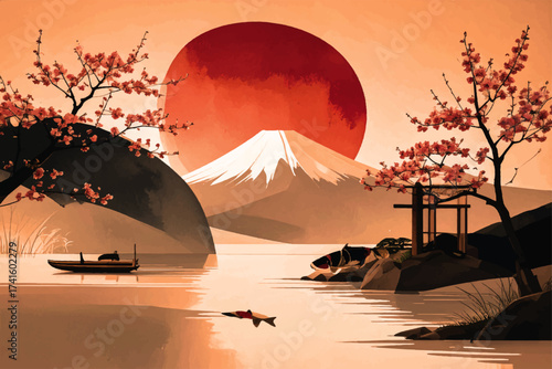 Serene Japanese landscape with Mount Fuji, cherry blossoms, and koi fish under a warm sun, perfect for travel, nature, and Asian culture themes