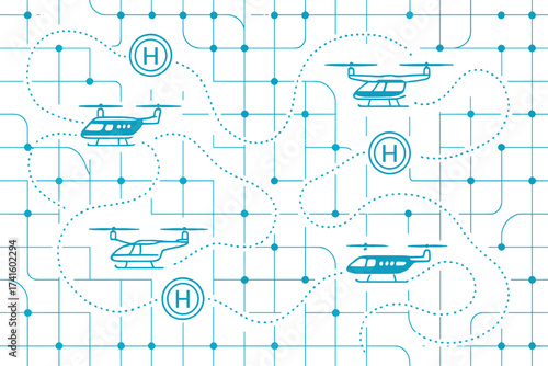 Innovative urban planning with helicopter landing pads shown on a grid layout in a modern city design