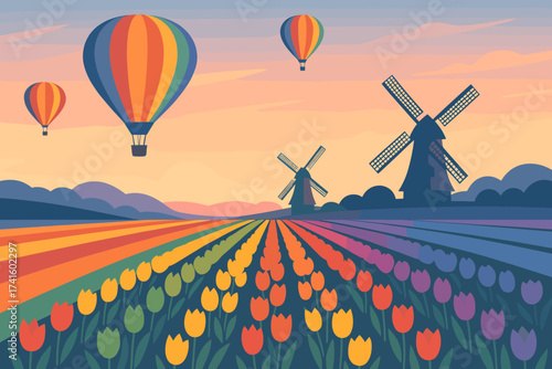 Colorful hot air balloons over a tulip field and windmills at sunset in a vibrant countryside landscape