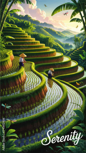 Serene Sunrise Over Lush Asian Rice Terraces With Farmers, Dragonflies, and Tropical Greenery - Tranquil Landscape Illustration