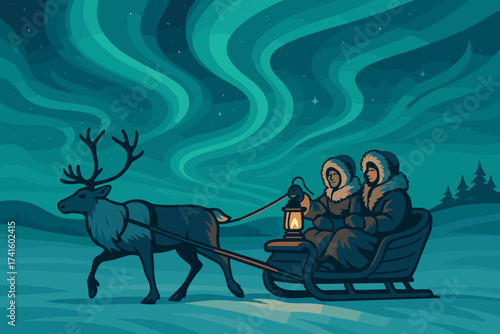 Two travelers enjoying a sleigh ride with a reindeer under the northern lights on a winter night