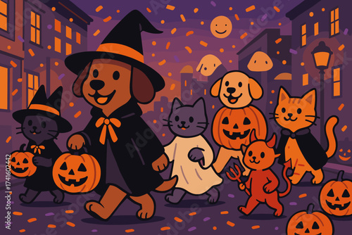 Colorful Halloween parade with dogs and cats dressed in costumes walking at night