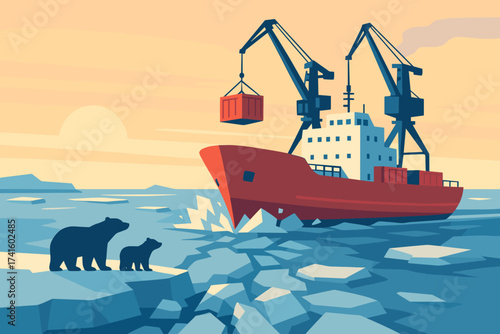 Red cargo ship transports goods through icy waters while polar bears observe in the Arctic at sunset