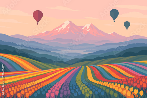Colorful hot air balloons float over vibrant tulip fields and majestic mountains at sunset in a serene landscape
