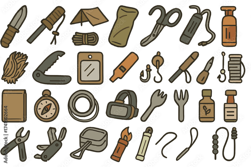 Fototapeta premium Variety of camping and outdoor tools and equipment arranged in a creative design