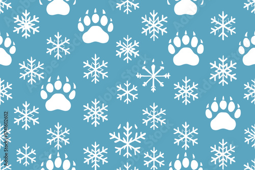 Winter pattern of white snowflakes and claw prints on a blue background for seasonal design and decoration