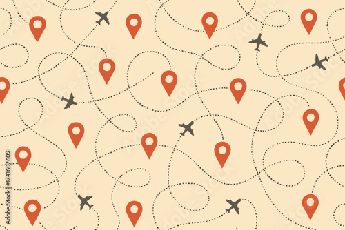 Travel map design featuring airplane paths and location markers in a pleasing layout