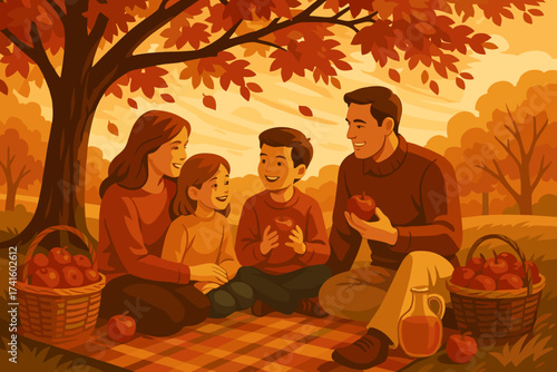 Family enjoys a cozy autumn picnic under vibrant trees while sharing apples and laughter on a warm afternoon