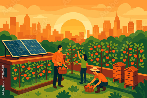 Evening harvest in a city garden with solar panels and beehives, showcasing urban sustainability