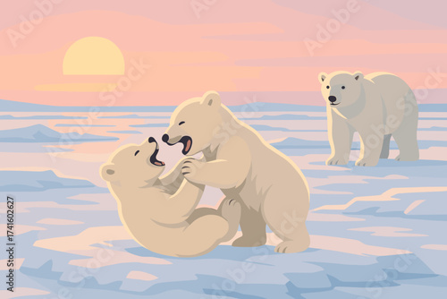 Playful polar bear cubs enjoy a sunset on the icy landscape while an adult bear watches nearby