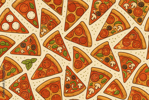 Colorful slices of pizza arranged in a creative pattern featuring various toppings and styles on a light background