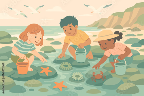 Children explore tide pools discovering marine life on a sunny beach day in the afternoon