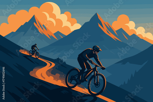 Mountain bikers navigating a steep trail at sunset with vibrant colors filling the sky