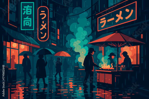 Night market scene with street vendors and glowing signs in a rainy city
