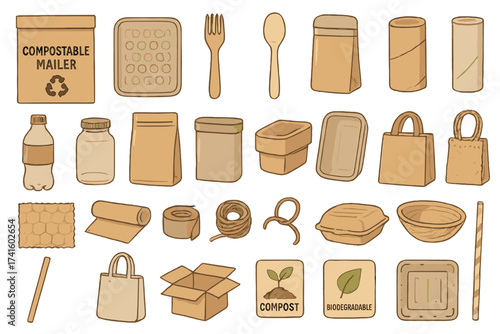Diverse collection of eco-friendly packaging and reusable items displayed on a light background