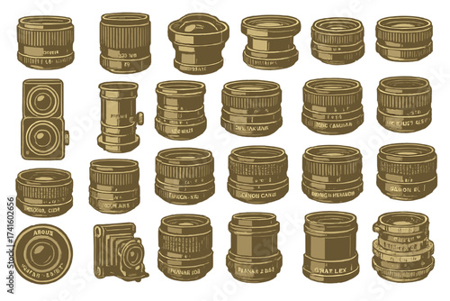 Collection of vintage camera lenses in various shapes and sizes on a plain background