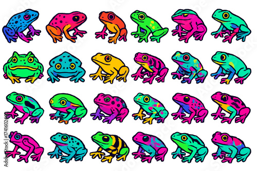 Colorful collection of illustrated frogs in various poses and patterns on a white background