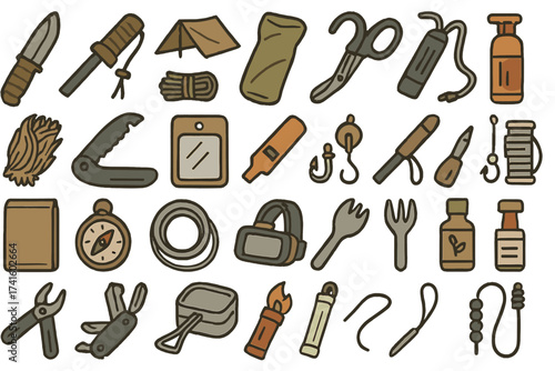 Variety of camping and outdoor tools and equipment arranged in a creative design